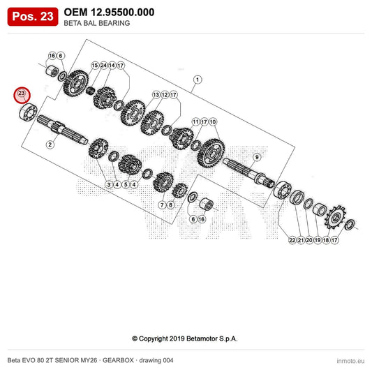BETA BAL BEARING – OEM 12.95500.000, position 23 on the Beta EVO 80 2T SENIOR MY26 gearbox drawing
