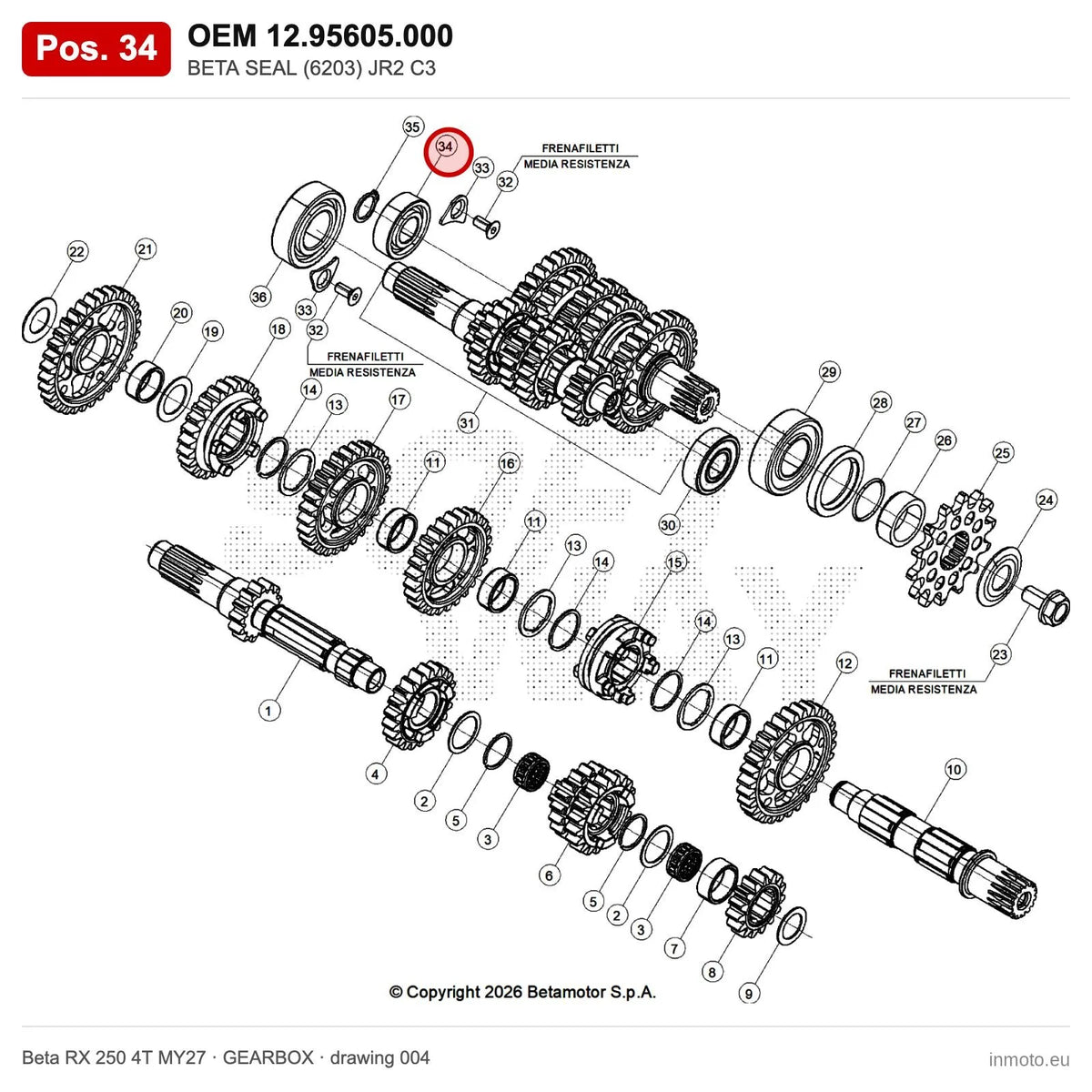 BETA SEAL (6203) JR2 C3 – OEM 12.95605.000, position 34 on the Beta RX 250 4T MY27 gearbox drawing