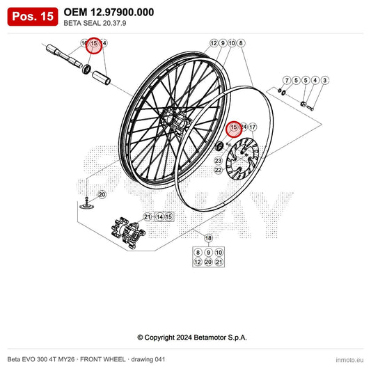 BETA SEAL 20.37.9 – OEM 12.97900.000, position 15 on the Beta EVO 300 4T MY26 front wheel drawing