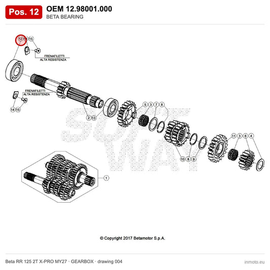 BETA BEARING – OEM 12.98001.000, position 12 on the Beta RR 125 2T X-PRO MY27 gearbox drawing