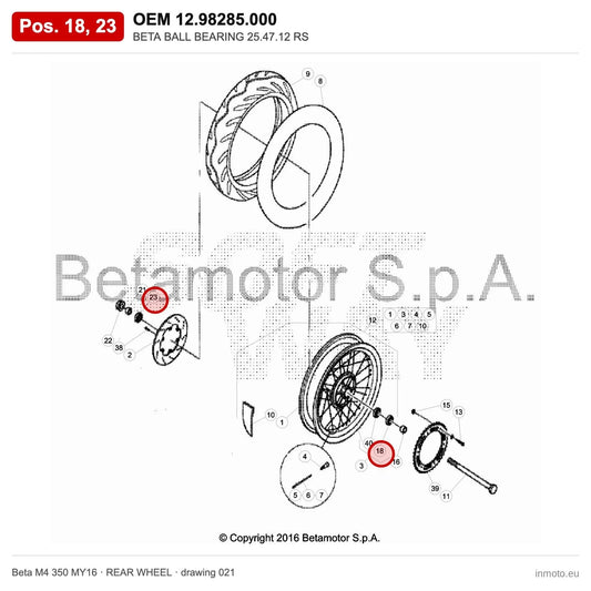 BETA BALL BEARING 25.47.12 RS – OEM 12.98285.000, positions 18,23 on the Beta M4 350 MY16 rear wheel drawing