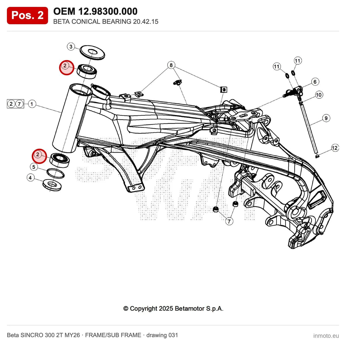 BETA CONICAL BEARING 20.42.15 – OEM 12.98300.000, position 2 on the Beta SINCRO 300 2T MY26 frame/sub frame drawing