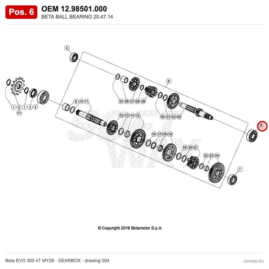 BETA BALL BEARING 20.47.14 – OEM 12.98501.000, position 6 on the Beta EVO 300 4T MY26 gearbox drawing