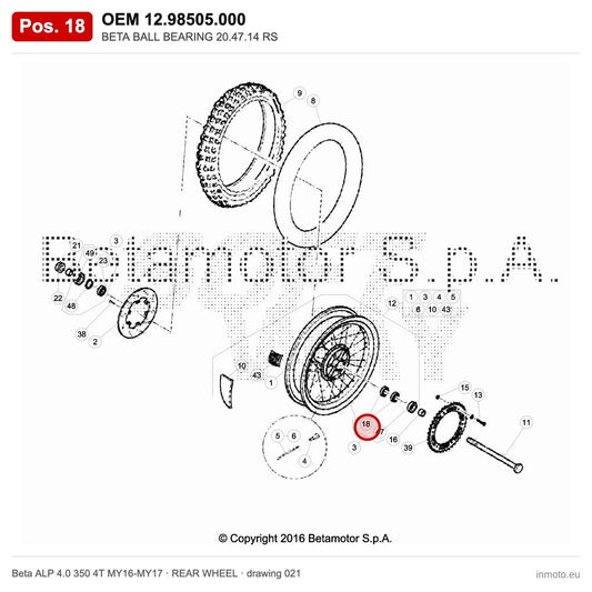 BETA BALL BEARING 20.47.14 RS – OEM 12.98505.000, position 18 on the Beta ALP 4.0 350 4T MY16-MY17 rear wheel drawing
