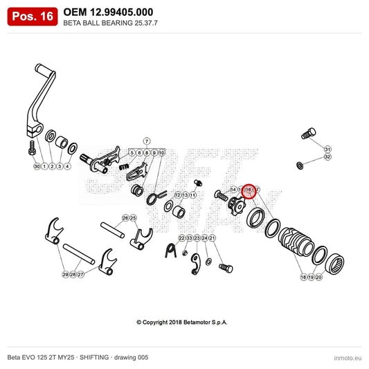 BETA BALL BEARING 25.37.7 – OEM 12.99405.000, position 16 on the Beta EVO 125 2T MY25 shifting drawing