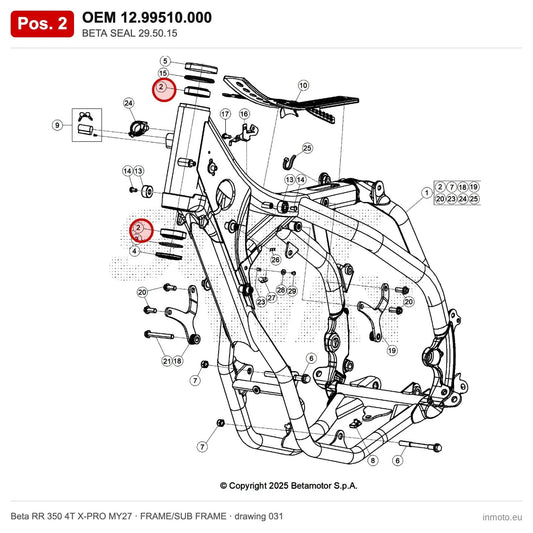 BETA SEAL 29.50.15 – OEM 12.99510.000, position 2 on the Beta RR 350 4T X-PRO MY27 frame/sub frame drawing