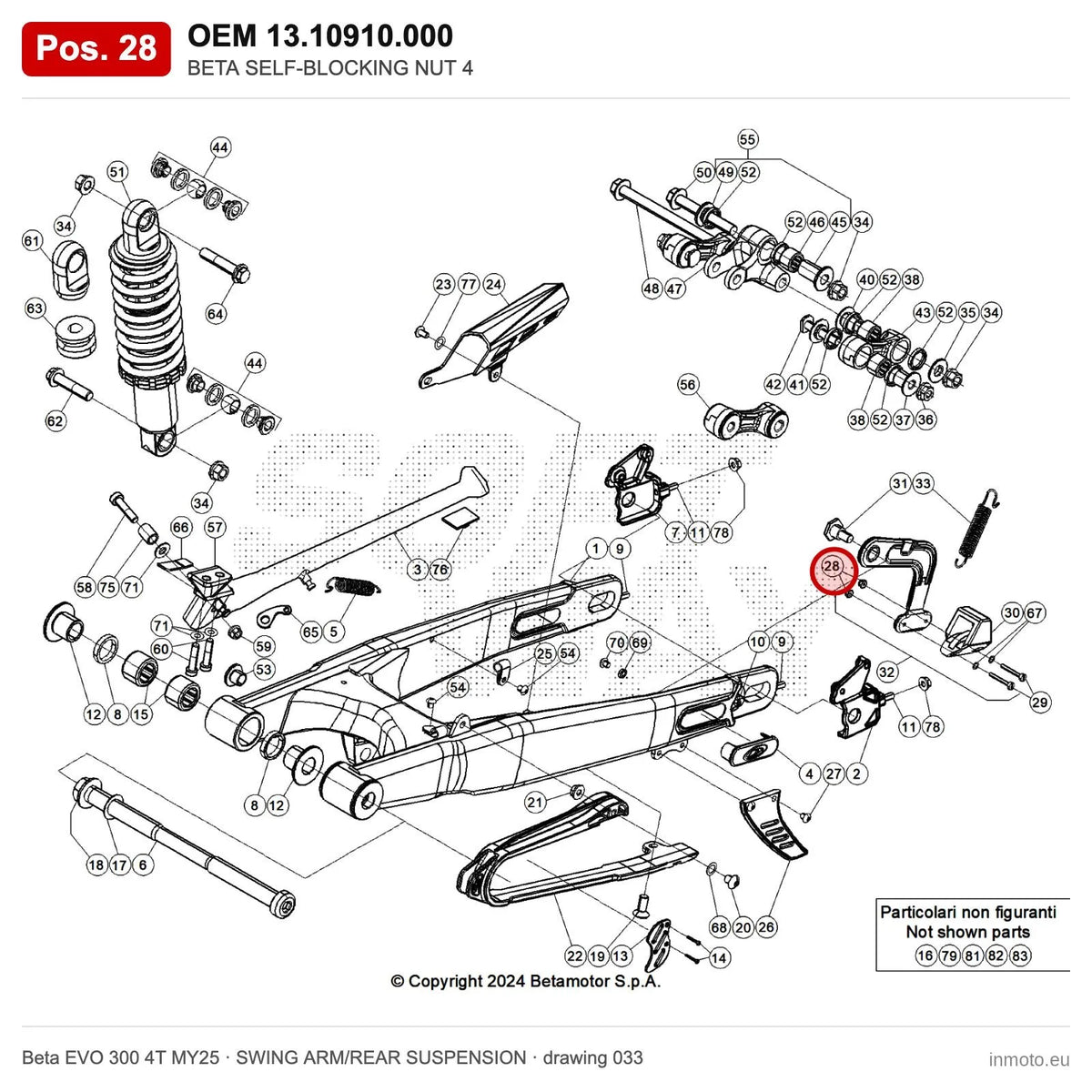 BETA SELF-BLOCKING NUT 4 – OEM 13.10910.000, position 28 on the Beta EVO 300 4T MY25 swing arm/rear suspension drawing