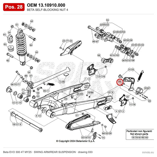 BETA SELF-BLOCKING NUT 4 – OEM 13.10910.000, position 28 on the Beta EVO 300 4T MY25 swing arm/rear suspension drawing