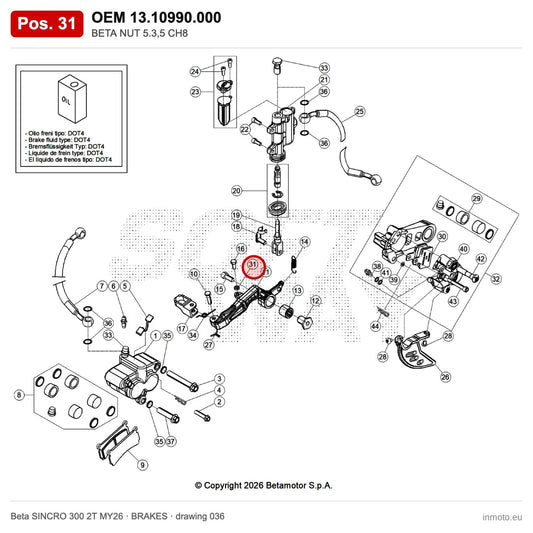 BETA NUT 5.3,5 CH8 – OEM 13.10990.000, position 31 on the Beta SINCRO 300 2T MY26 brakes drawing