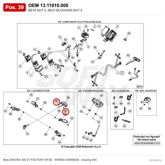BETA NUT 5, SELF-BLOCKING NUT 5 – OEM 13.11010.000, position 39 on the Beta SINCRO 300 2T FACTORY MY26 wiring harness drawing