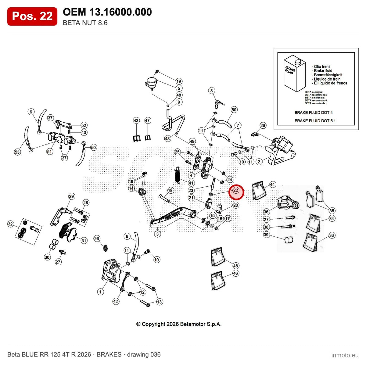 BETA NUT 8.6 – OEM 13.16000.000, position 22 on the Beta BLUE RR 125 4T R 2026 brakes drawing