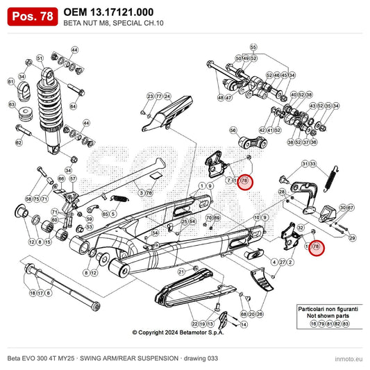 BETA NUT M8, SPECIAL CH.10 – OEM 13.17121.000, position 78 on the Beta EVO 300 4T MY25 swing arm/rear suspension drawing