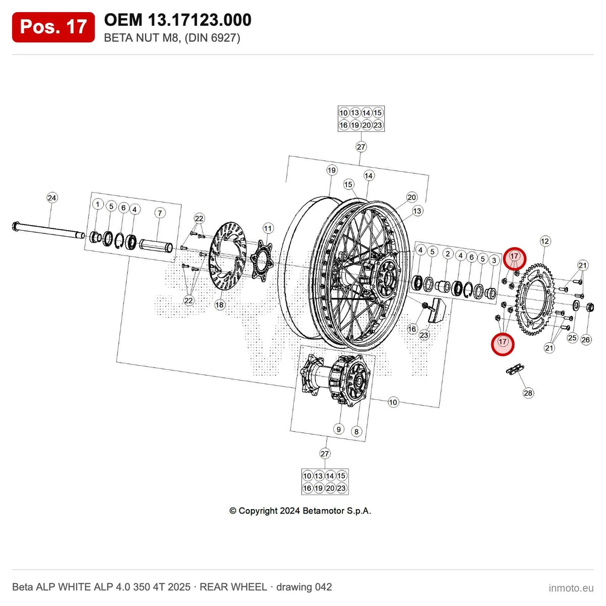 BETA NUT M8, (DIN 6927) – OEM 13.17123.000, position 17 on the Beta ALP WHITE ALP 4.0 350 4T 2025 rear wheel drawing
