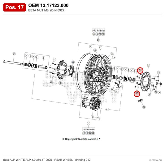 BETA NUT M8, (DIN 6927) – OEM 13.17123.000, position 17 on the Beta ALP WHITE ALP 4.0 350 4T 2025 rear wheel drawing