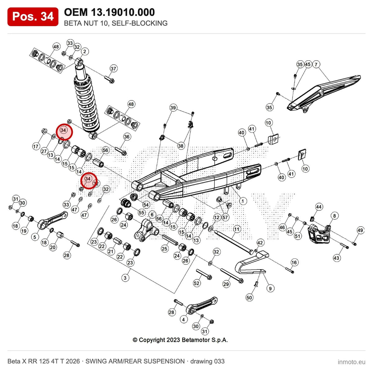 BETA NUT 10, SELF-BLOCKING – OEM 13.19010.000, position 34 on the Beta X RR 125 4T T 2026 swing arm/rear suspension drawing