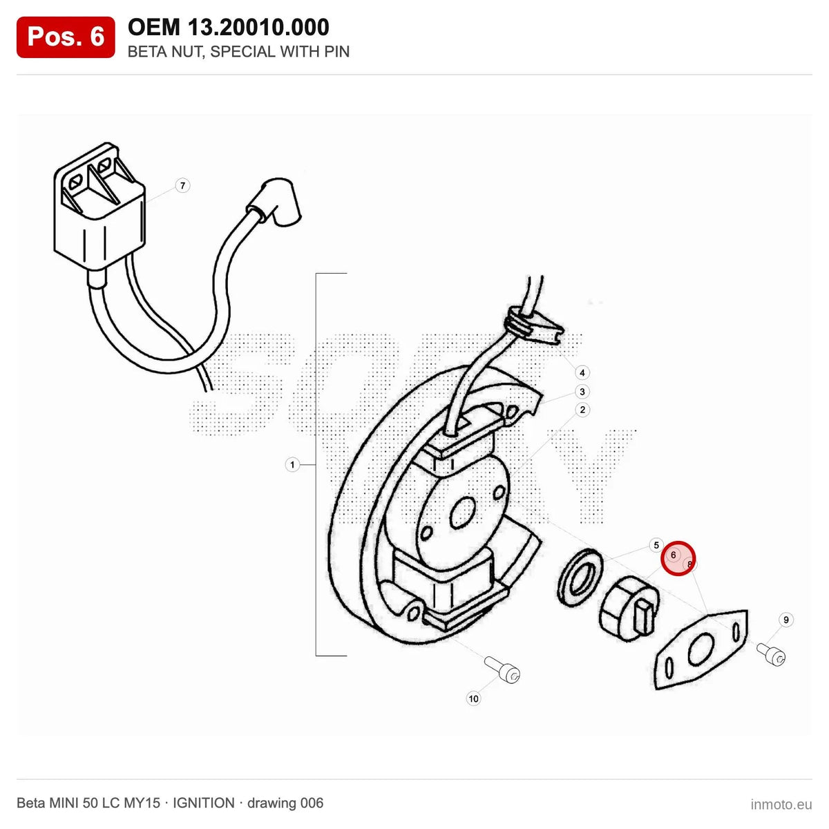 BETA NUT, SPECIAL WITH PIN – OEM 13.20010.000, position 6 on the Beta MINI 50 LC MY15 ignition drawing