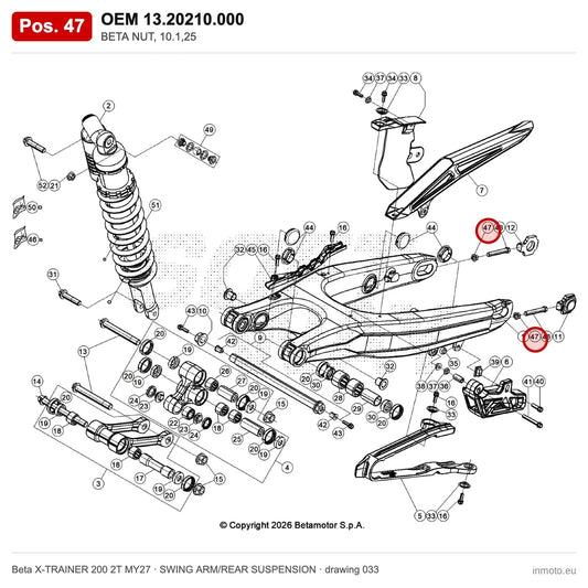 BETA NUT, 10.1,25 – OEM 13.20210.000, position 47 on the Beta X-TRAINER 200 2T MY27 swing arm/rear suspension drawing