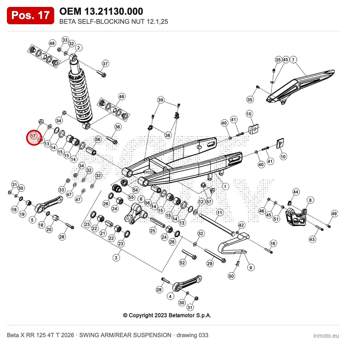 BETA SELF-BLOCKING NUT 12.1,25 – OEM 13.21130.000, position 17 on the Beta X RR 125 4T T 2026 swing arm/rear suspension drawing