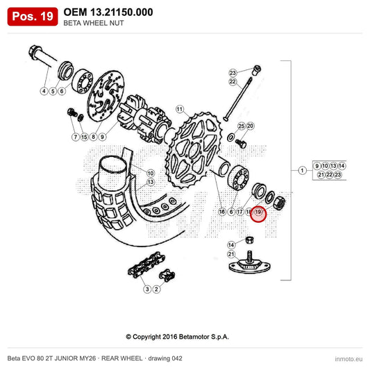 BETA WHEEL NUT – OEM 13.21150.000, position 19 on the Beta EVO 80 2T JUNIOR MY26 rear wheel drawing