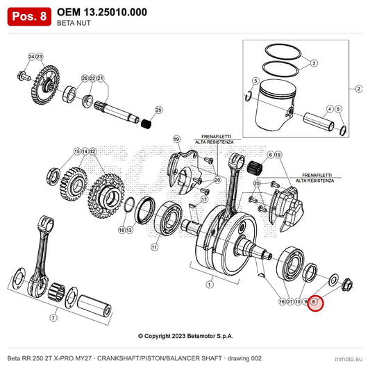 BETA NUT – OEM 13.25010.000, position 8 on the Beta RR 250 2T X-PRO MY27 crankshaft/piston/balancer shaft drawing