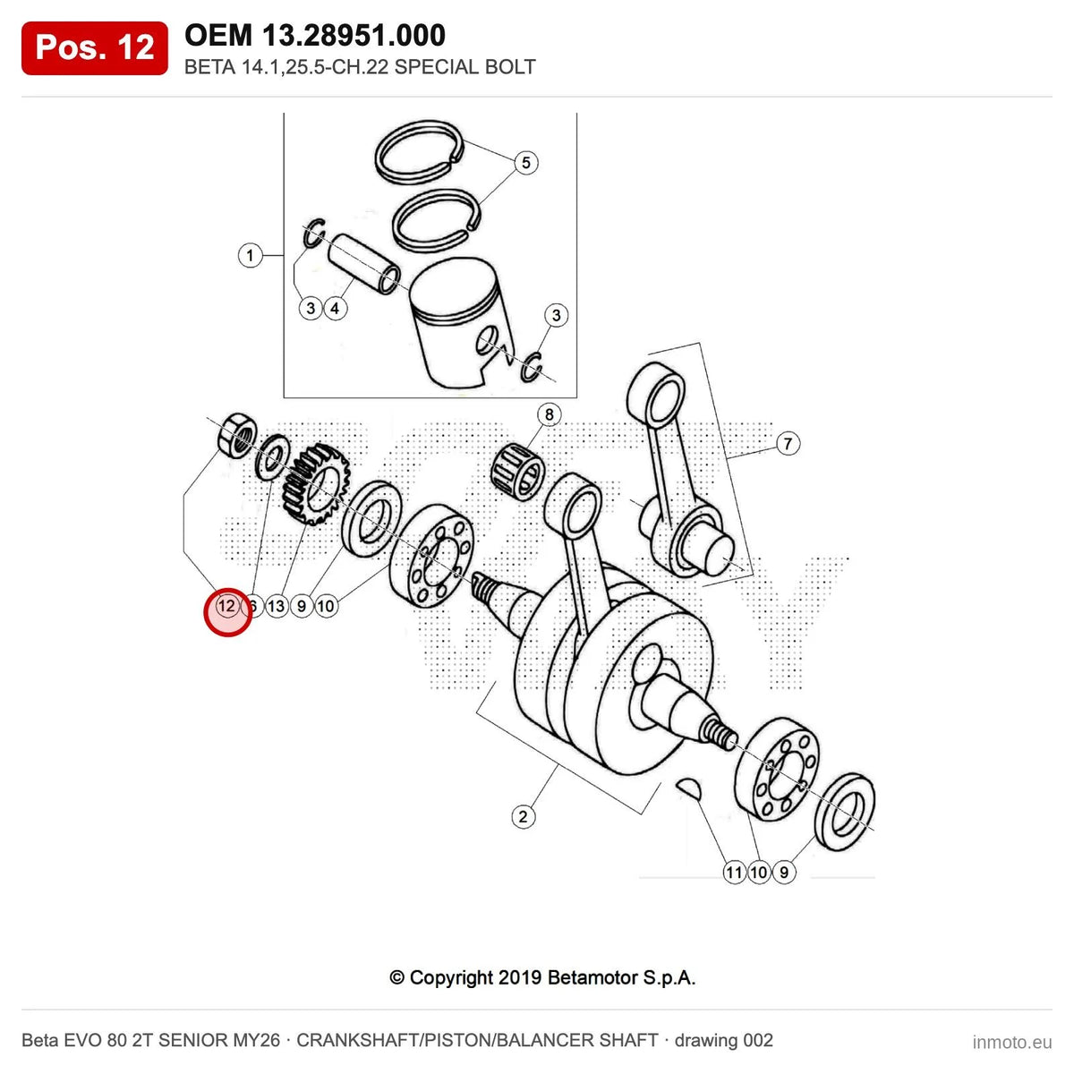 BETA 14.1,25.5-CH.22 SPECIAL BOLT – OEM 13.28951.000, position 12 on the Beta EVO 80 2T SENIOR MY26 crankshaft/piston/balancer shaft drawing