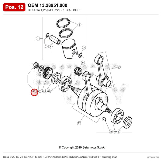 BETA 14.1,25.5-CH.22 SPECIAL BOLT – OEM 13.28951.000, position 12 on the Beta EVO 80 2T SENIOR MY26 crankshaft/piston/balancer shaft drawing