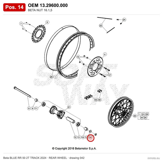 BETA NUT 16.1,5 – OEM 13.29600.000, position 14 on the Beta BLUE RR 50 2T TRACK 2024 rear wheel drawing