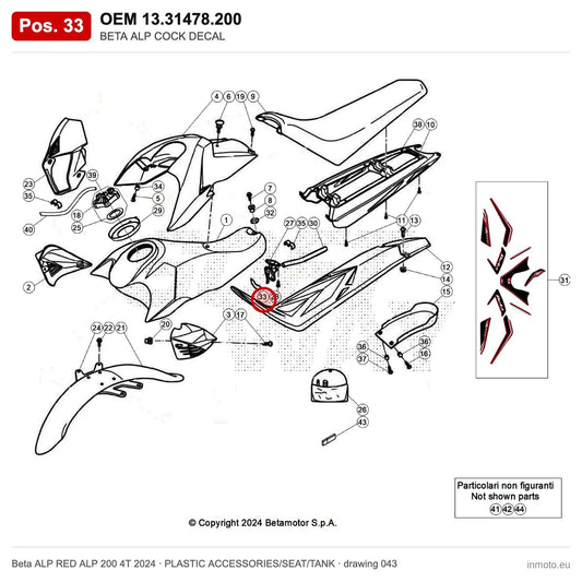 BETA ALP COCK DECAL – OEM 13.31478.200, position 33 on the Beta ALP RED ALP 200 4T 2024 plastic accessories/seat/tank drawing