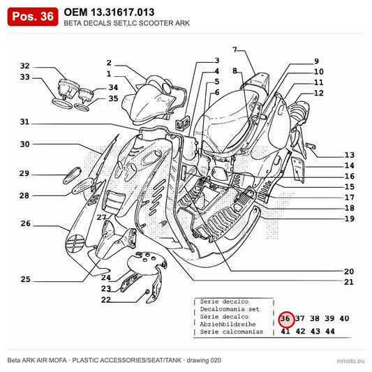 BETA DECALS SET,LC SCOOTER ARK – OEM 13.31617.013, position 36 on the Beta ARK AIR MOFA plastic accessories/seat/tank drawing