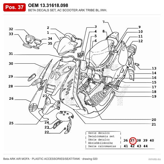 BETA DECALS SET, AC SCOOTER ARK TRIBE BL./WH. – OEM 13.31618.098, position 37 on the Beta ARK AIR MOFA plastic accessories/seat/tank drawing