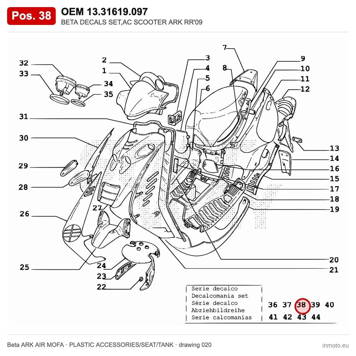 BETA DECALS SET,AC SCOOTER ARK RR'09 – OEM 13.31619.097, position 38 on the Beta ARK AIR MOFA plastic accessories/seat/tank drawing