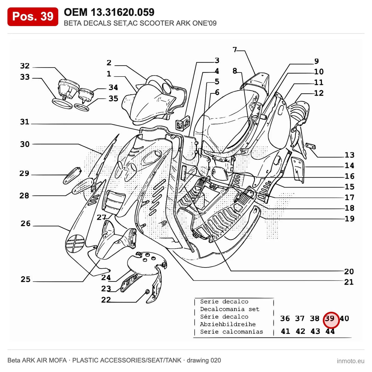 BETA DECALS SET,AC SCOOTER ARK ONE'09 – OEM 13.31620.059, position 39 on the Beta ARK AIR MOFA plastic accessories/seat/tank drawing