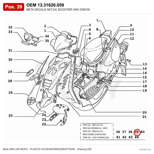BETA DECALS SET,AC SCOOTER ARK ONE'09 – OEM 13.31620.059, position 39 on the Beta ARK AIR MOFA plastic accessories/seat/tank drawing