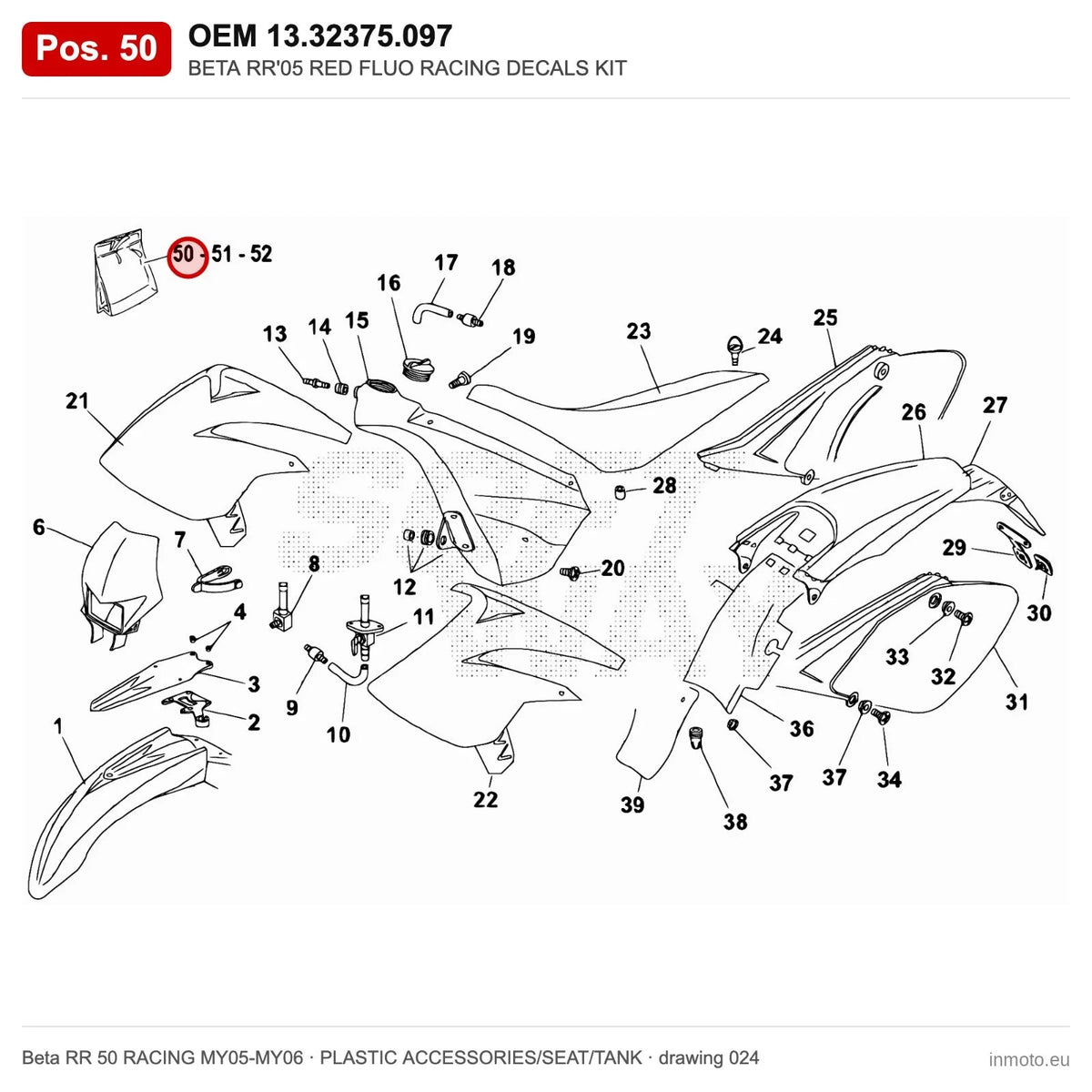 BETA RR'05 RED FLUO RACING DECALS KIT – OEM 13.32375.097, position 50 on the Beta RR 50 RACING MY05-MY06 plastic accessories/seat/tank drawing
