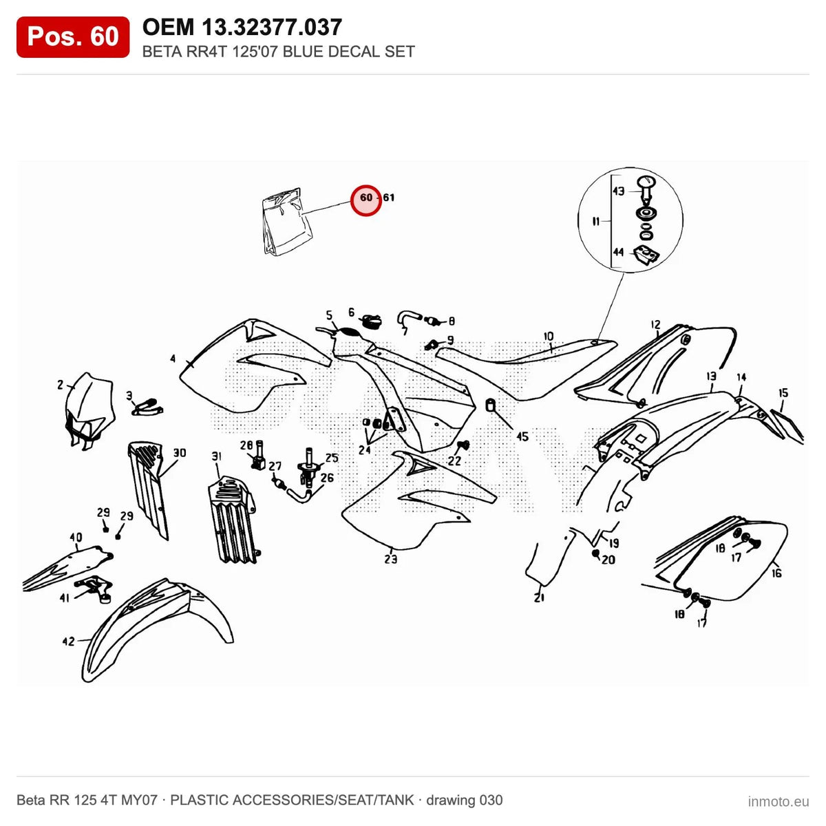 BETA RR4T 125'07 BLUE DECAL SET – OEM 13.32377.037, position 60 on the Beta RR 125 4T MY07 plastic accessories/seat/tank drawing