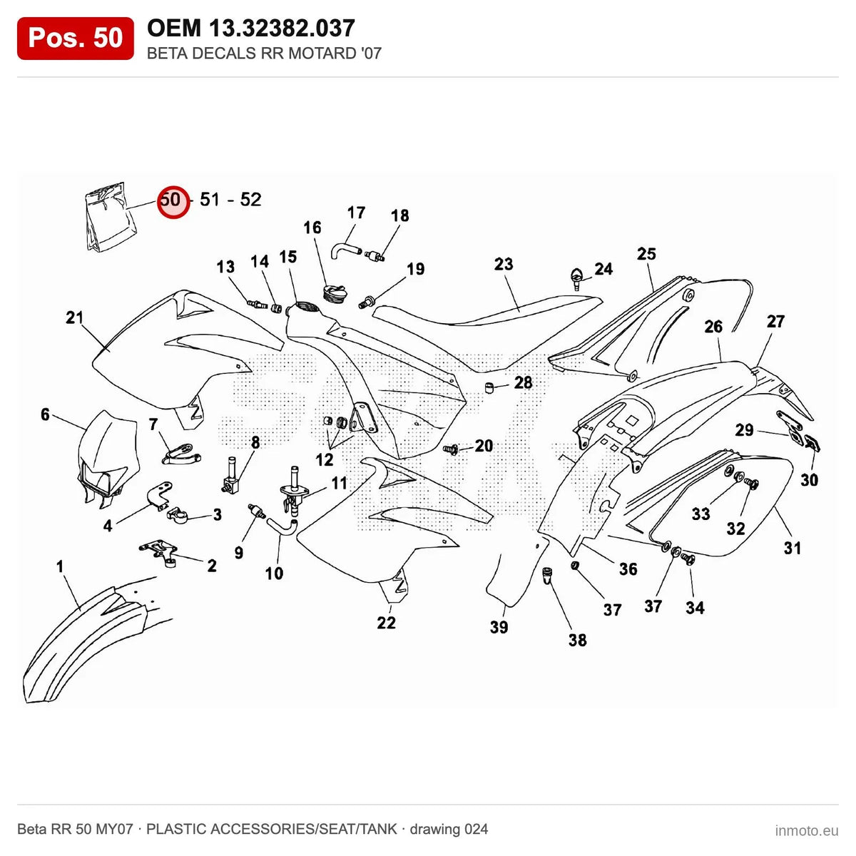 BETA DECALS RR MOTARD '07 – OEM 13.32382.037, position 50 on the Beta RR 50 MY07 plastic accessories/seat/tank drawing