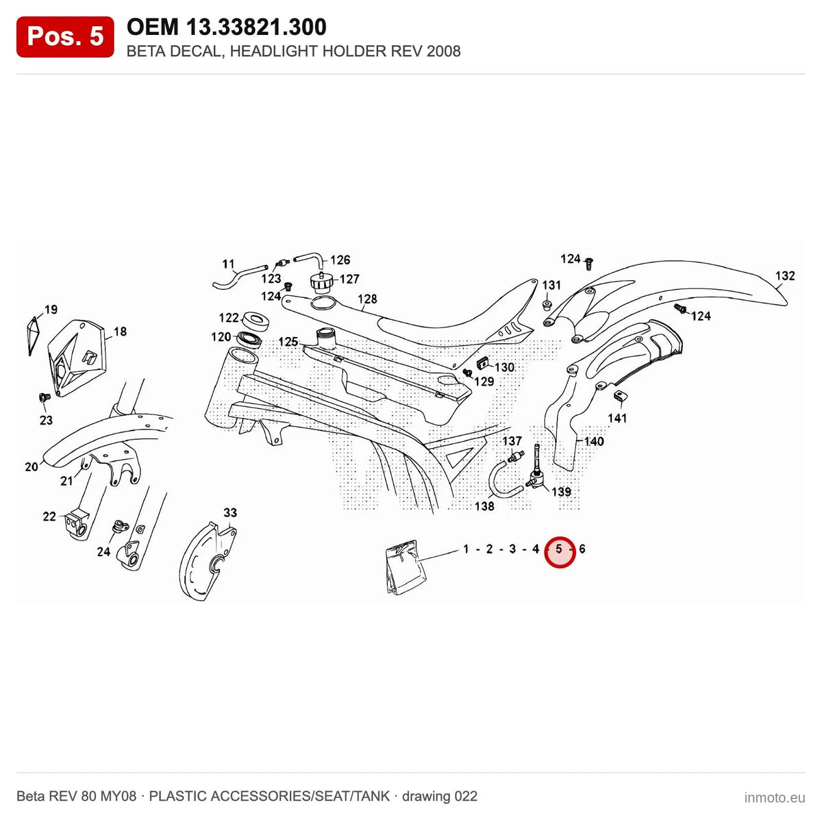 BETA DECAL, HEADLIGHT HOLDER REV 2008 – OEM 13.33821.300, position 5 on the Beta REV 80 MY08 plastic accessories/seat/tank drawing
