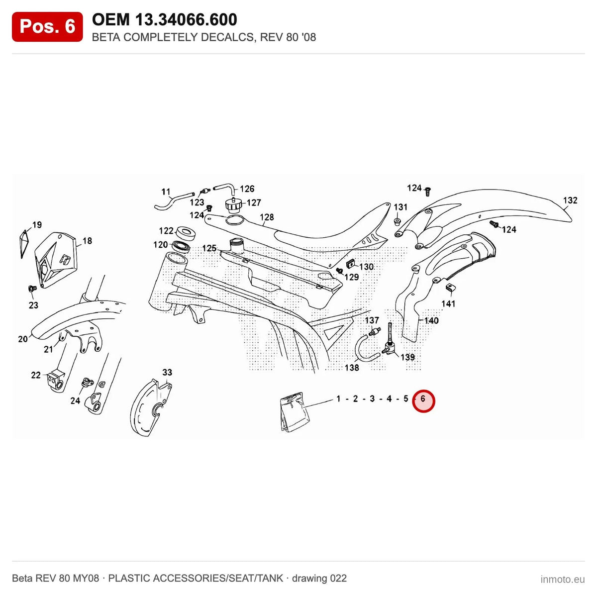 BETA COMPLETELY DECALCS, REV 80 '08 – OEM 13.34066.600, position 6 on the Beta REV 80 MY08 plastic accessories/seat/tank drawing