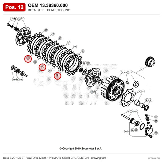 BETA STEEL PLATE TECHNO – OEM 13.38360.000, position 12 on the Beta EVO 125 2T FACTORY MY25 primary gear cpl./clutch drawing
