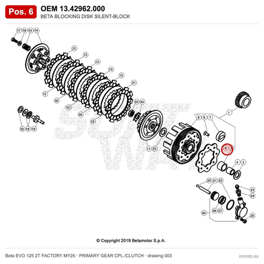 BETA BLOCKING DISK SILENT-BLOCK – OEM 13.42962.000, position 6 on the Beta EVO 125 2T FACTORY MY25 primary gear cpl./clutch drawing
