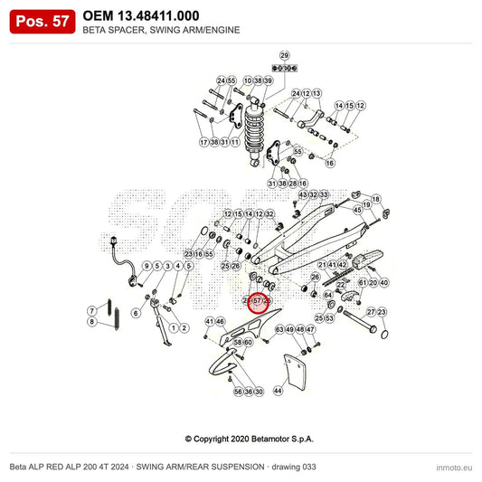 BETA SPACER, SWING ARM/ENGINE – OEM 13.48411.000, position 57 on the Beta ALP RED ALP 200 4T 2024 swing arm/rear suspension drawing