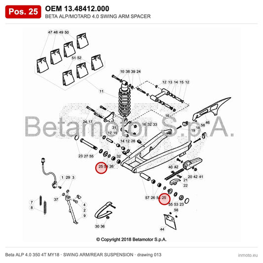 BETA ALP/MOTARD 4.0 SWING ARM SPACER – OEM 13.48412.000, position 25 on the Beta ALP 4.0 350 4T MY18 swing arm/rear suspension drawing