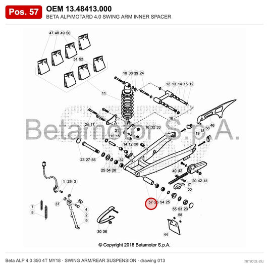 BETA ALP/MOTARD 4.0 SWING ARM INNER SPACER – OEM 13.48413.000, position 57 on the Beta ALP 4.0 350 4T MY18 swing arm/rear suspension drawing