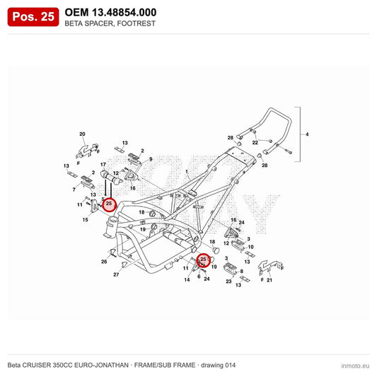 BETA SPACER, FOOTREST – OEM 13.48854.000, position 25 on the Beta CRUISER 350CC EURO-JONATHAN frame/sub frame drawing