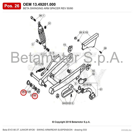 BETA SWINGING ARM SPACER REV 50/80 – OEM 13.49201.000, position 26 on the Beta EVO 80 2T JUNIOR MY26 swing arm/rear suspension drawing