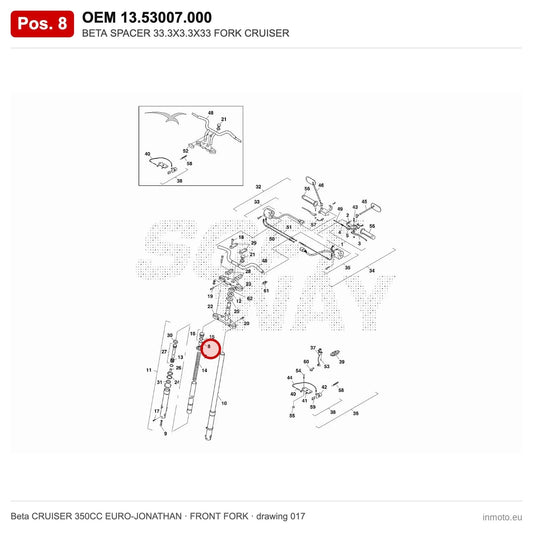 BETA SPACER 33.3X3.3X33 FORK CRUISER – OEM 13.53007.000, position 8 on the Beta CRUISER 350CC EURO-JONATHAN front fork drawing