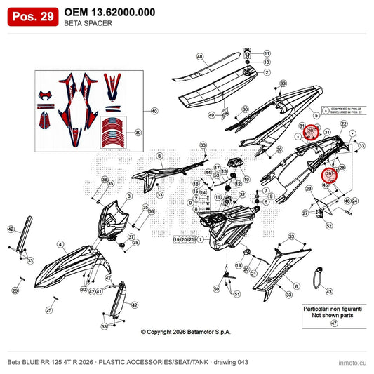 BETA SPACER – OEM 13.62000.000, position 29 on the Beta BLUE RR 125 4T R 2026 plastic accessories/seat/tank drawing