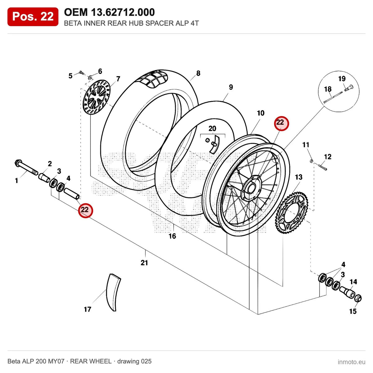 BETA INNER REAR HUB SPACER ALP 4T – OEM 13.62712.000, position 22 on the Beta ALP 200 MY07 rear wheel drawing