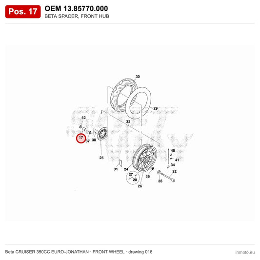 BETA SPACER, FRONT HUB – OEM 13.85770.000, position 17 on the Beta CRUISER 350CC EURO-JONATHAN front wheel drawing