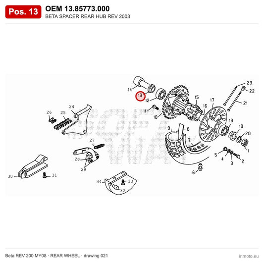 BETA SPACER REAR HUB REV 2003 – OEM 13.85773.000, position 13 on the Beta REV 200 MY08 rear wheel drawing